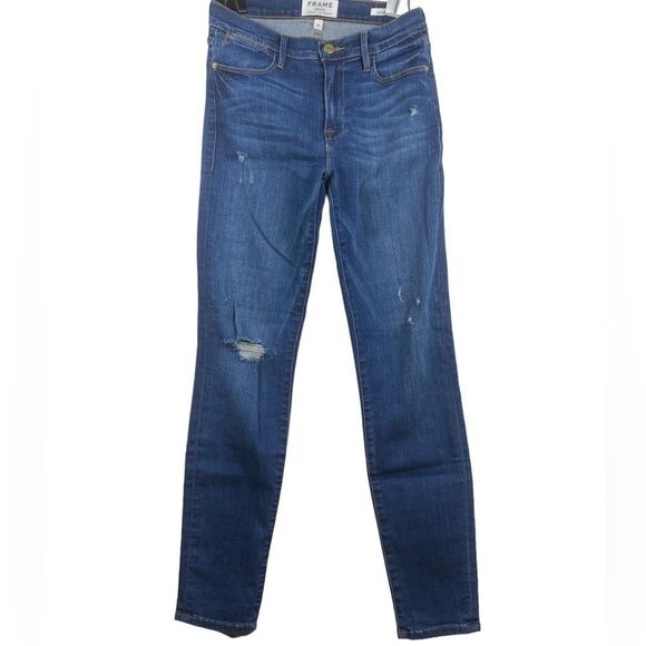 FRAME Wm’s Sz 27 Dark Wash Distressed Le High Skinny High Waisted Denim Jeans - Picture 1 of 4